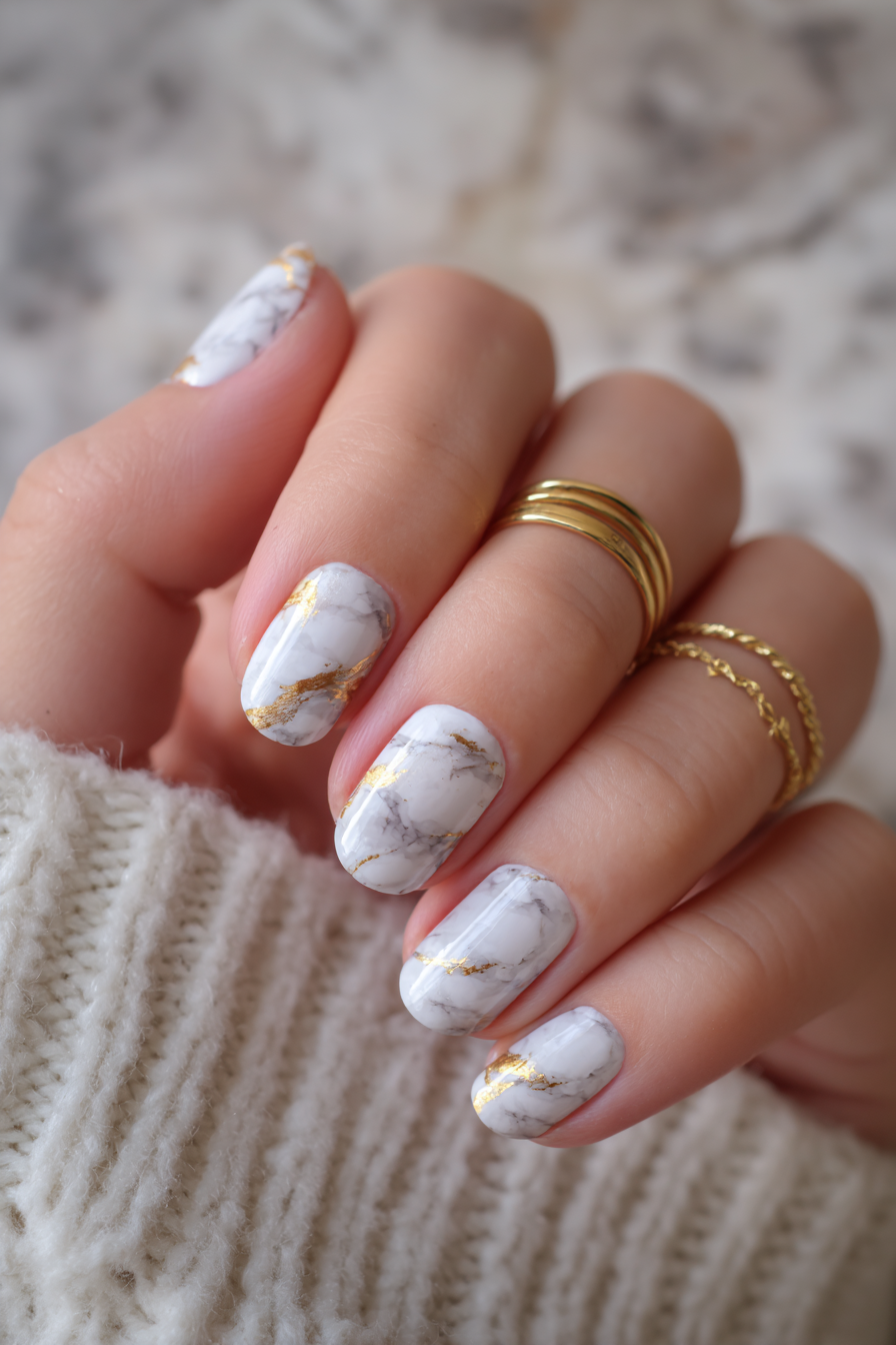 Marmorierte Weihnachtsnägel in Weiß und Gold – Weihnachtsnägel Design 2025